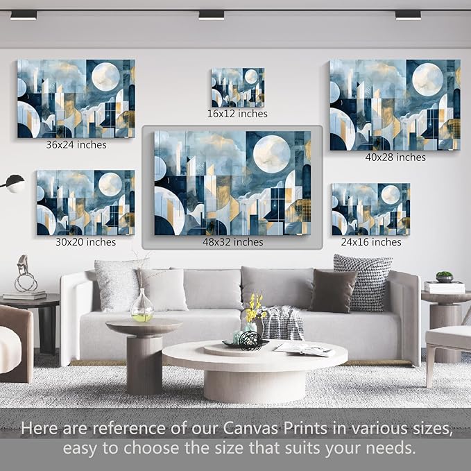 gaosoul Modern Abstract Canvas Wall Art Blue Artistic Cityscape Geometry Paintings Framed Minimalism Stylish Artwork Prints for Living Room Bedroom Office Decor 48x32in