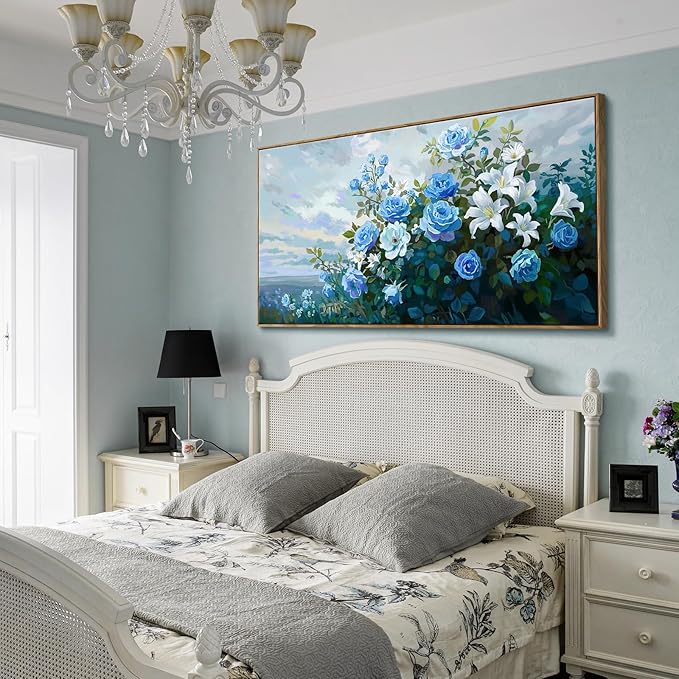 Framed Extra Large Botanical Wall Art – Blue and White Flower Canvas Painting for Living Room Bedroom – Rustic Wood Frame Floral Décor 58x29 Inch