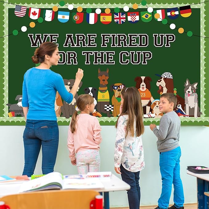 World Soccer Pet Dog Bulletin Board Set Puppy Classroom Decoration World Soccer Cup Cute Dog Bulletin Board Team Spirit Sport Cutouts for School Home Classroom Nursery Chalkboard Wall Decor