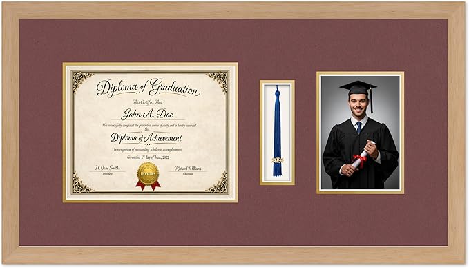 Diploma Tassel and Photo Frame Natural Wood Shadowbox Dark Red Over Gold Mat - Fits 10 x 8 Degree Picture Made in the USA
