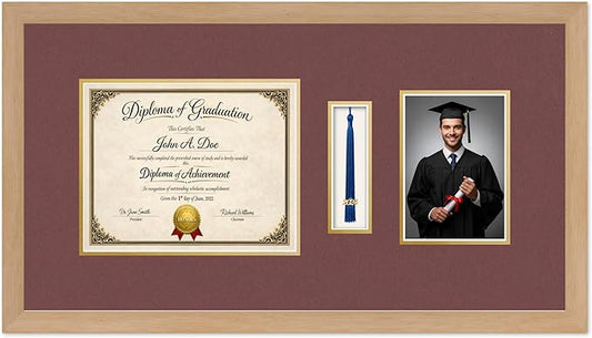 Diploma Tassel and Photo Frame Natural Wood Shadowbox Dark Red Over Gold Mat - Fits 10 x 8 Degree Picture Made in the USA