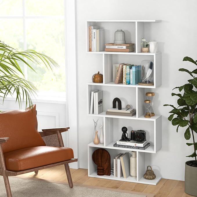 Tangkula 5-Tier Geometric Bookshelf, S Shaped Bookcase w/Anti-Toppling Device, Freestanding Room Divider, Industrial Home Office Decor Wood Open Storage Display Shelf for Living Room (2, White)