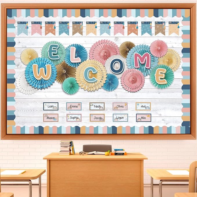 Qilery Welcome Bulletin Board Sets Welcome Back Classroom Decorations Bulletin Board Nameplate Cutout Paper Fans Banner for Back to School Chalkboard Wall Decor(Macaron)