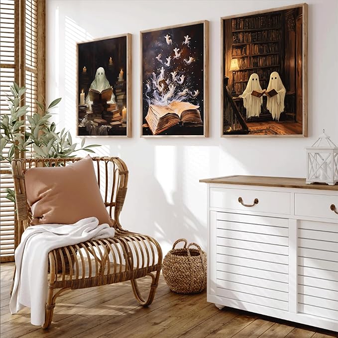 3Pcs Halloween Cute Vintage Ghost Wall Art Library Ghost Reading Books Painting Picturts Wall Decor Gothic Dark Academia Posters Print Artwork for Bedroom Living Room Home Decoration Unframed