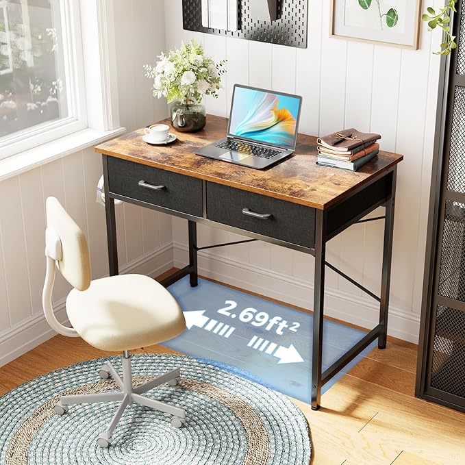 Casaottima 32 Inch Small Office Computer Desk with 2 Drawers & Headphone Hook - Compact Writing Desk for Home Office, Study or Work, Modern Space-Saving Design for Small Spaces, Pure Vintage