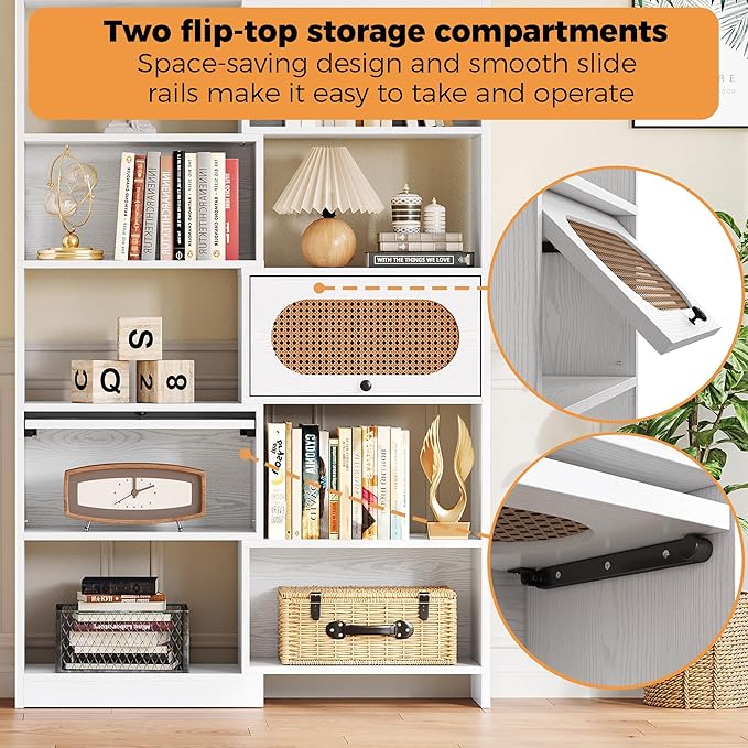 IRONCK 6 Tier Bookshelf, Bookcase with 2 Rattan Flip-Top Cabinets, 8-Cube Storage Organizer Shelf for Living Room, 43.3" White