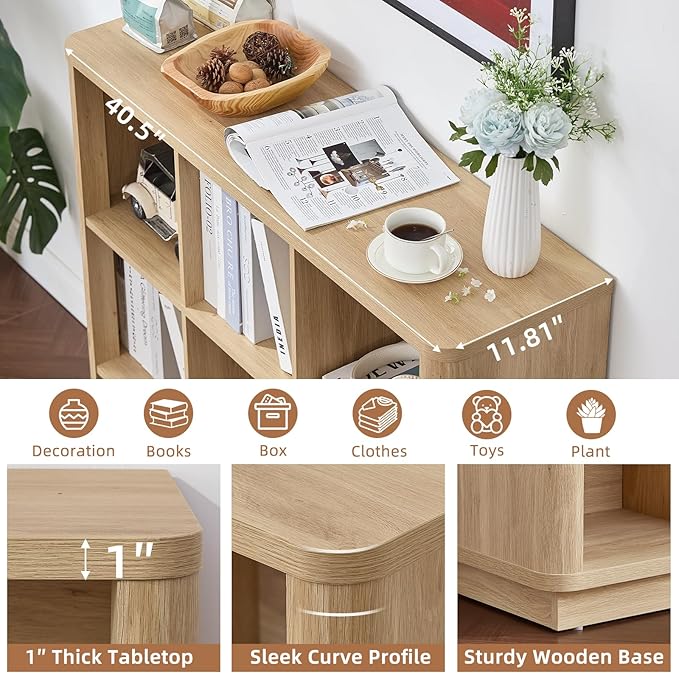 9 Cube Storage Book Shelf, 41" Tall Organizer Bookshelf with Curved Edge, Modern Floor Standing 3-Tier Cubby Bookcase with Base, Wood Display Book Case for Living Room, Home Office,Natural Oak