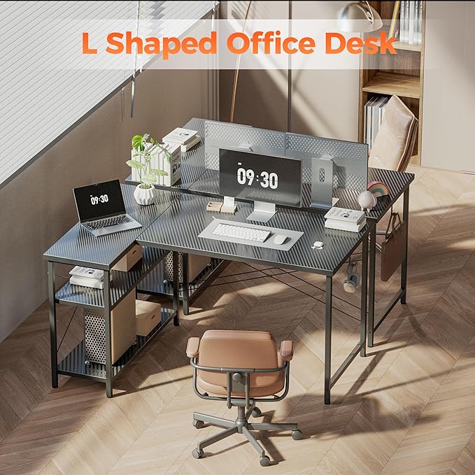Mericonia Small L Shaped Computer Desk, Reversible Gaming Desk with Storage Shelves, Corner Gamer Desk Table, Study Writing Table