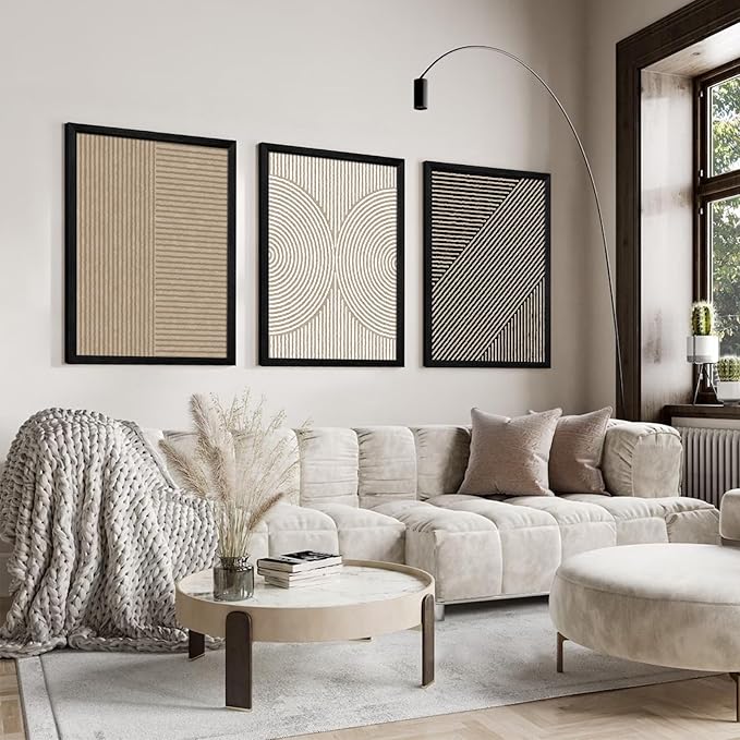 Boho Modern Wall Art Pictures Neutral Abstract Canvas Wall Decor Minimalist Line Wall Art Beige Brown Black Poster Mid Century Painting Artwork for Living Room Bedroom 12x16x3 Inch Wood Framed
