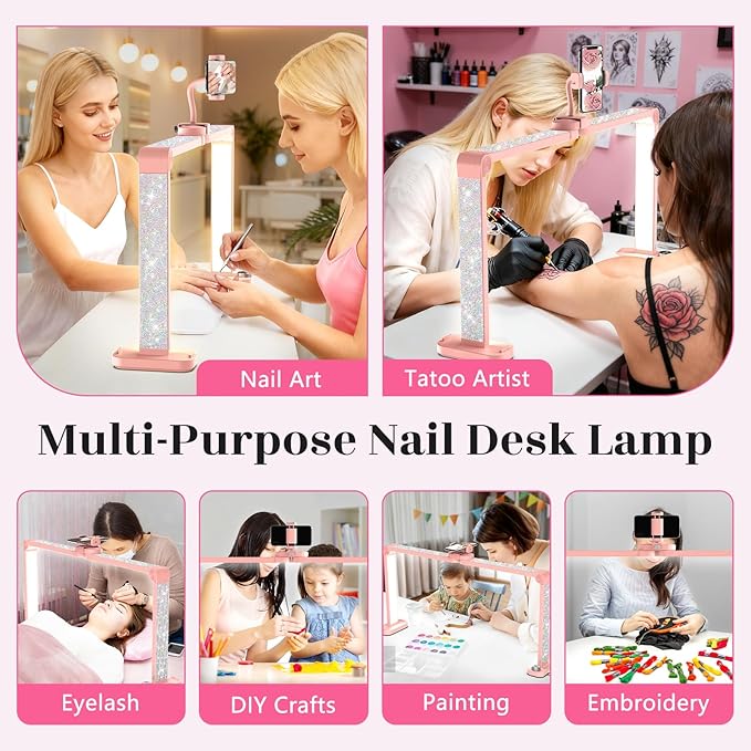 Yokilly 48W Half Moon Light: 34" Shadow-Free Half Moon Light for Desk Salon - Foldable LED Desk Lamp with Stepless Brightness 3000K-6500K for Manicurist Nail Tech (Pink Diamond, Large)