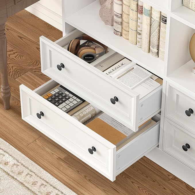 FINETONES 71" Tall Bookshelf with 4 Drawers, 6-Tier Double Wide Bookshelves and Bookcases with Storage, White Bookshelf Large Open Bookshelves Standing Book Cabinet for Home Office, White
