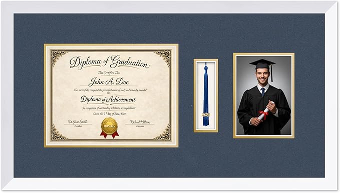 Diploma Tassel and Photo Frame Bright White Shadowbox Navy Blue Over Gold Mat - Fits 11 x 8.5 Degree Picture Made in the USA