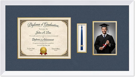 Diploma Tassel and Photo Frame Bright White Shadowbox Navy Blue Over Gold Mat - Fits 11 x 8.5 Degree Picture Made in the USA