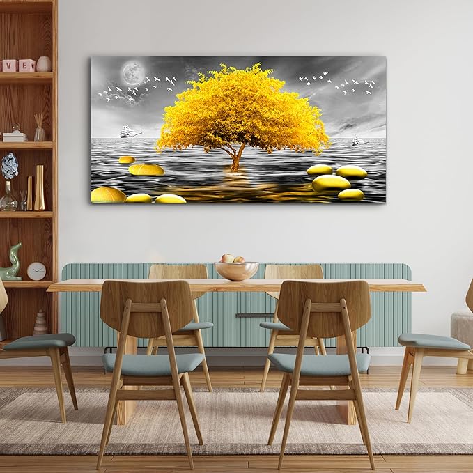 hyidecorart Canvas Wall Art 30"X60" - Black And White Ocean Scenery & Yellow Tree Art Print, Large Wall Decor Posters Abstract Pictures for Living Room, Bedroom, Office Modern Home Decor