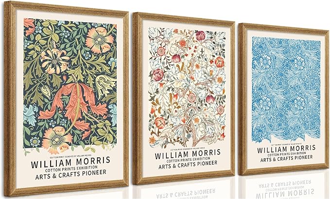 SYWENNOI 3 Pieces William Morris Textured Canvas Wall Art, Green Blue and Beige Botanical Designs Wall Decor, Vintage Floral Art Prints for Living Room Bedroom Home Decoration 16x24 Inch Wood Frames