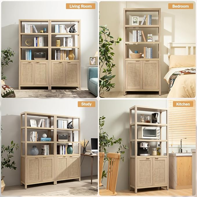 SICOTAS Bookshelf 5 Tier Book Shelf Rattan Boho 71" Tall Bookcase with Doors Storage Shelves Large Bookshelves Farmhouse Bookcases Library Book Case for Living Room Bedroom Home Office Kitchen