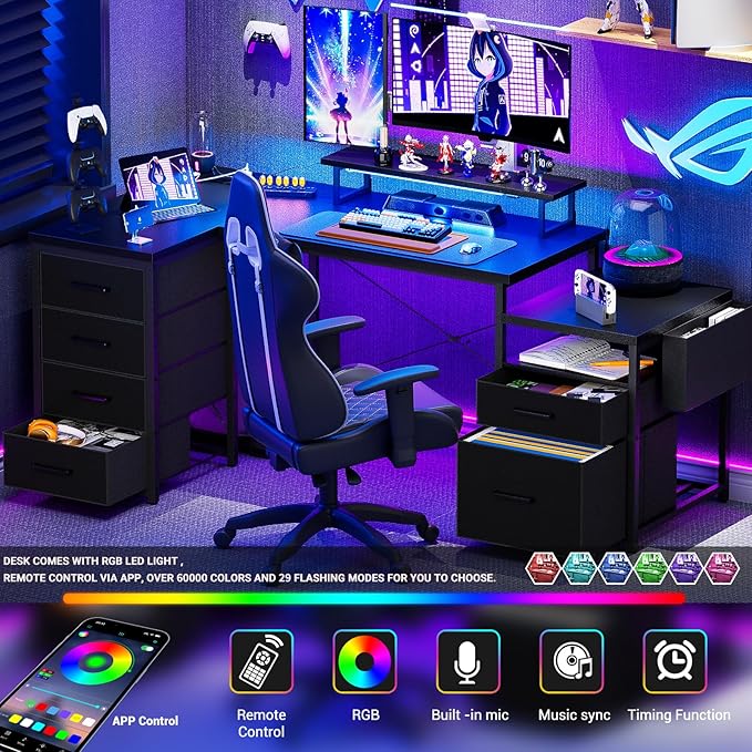 Unikito Reversible L Shaped Computer Desk with Fabric File Drawers, 70.8" Large Office Corner Desk with RGB LED Lights & Power Outlets & Monitor Stand & CPU Stand, Sturdy L Shape Gaming Desk, Black