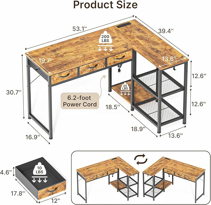 Gizoon Corner Computer Desk, 53 Inch L Shaped Office Desk with Power Outlets, Drawers, Reversible Storage Shelves, CPU Stand and Hooks for Living Room, Home Office, Study, Gaming(Rustic Brown)