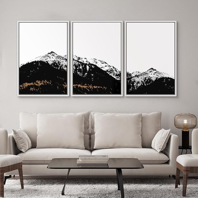 SIGNWIN 3 Piece Framed Canvas Wall Art Black and White Mountain Tops Photo Nature Wilderness Illustrations Abstract Traditional Home Artwork Decoration for Living Room,Bedroom - 16"x24"x3 White