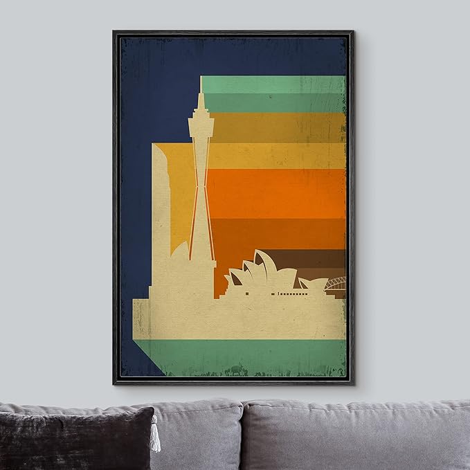 IDEA4WALL Framed Canvas Print Wall Art Retro Vintage Sydney Australia Cultural Building Illustrations Modern Art Contemporary Scenic Warm for Living Room, Bedroom, Office - 24"x36" BLACK