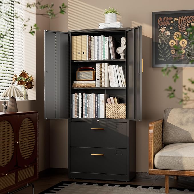 Office File Cabinet with 3 Drawers,Metal Filing Cabinet with Doors for Home Office School for Hanging Letter/Legal/F4/A4 Size Folders,Required Assembly,Black