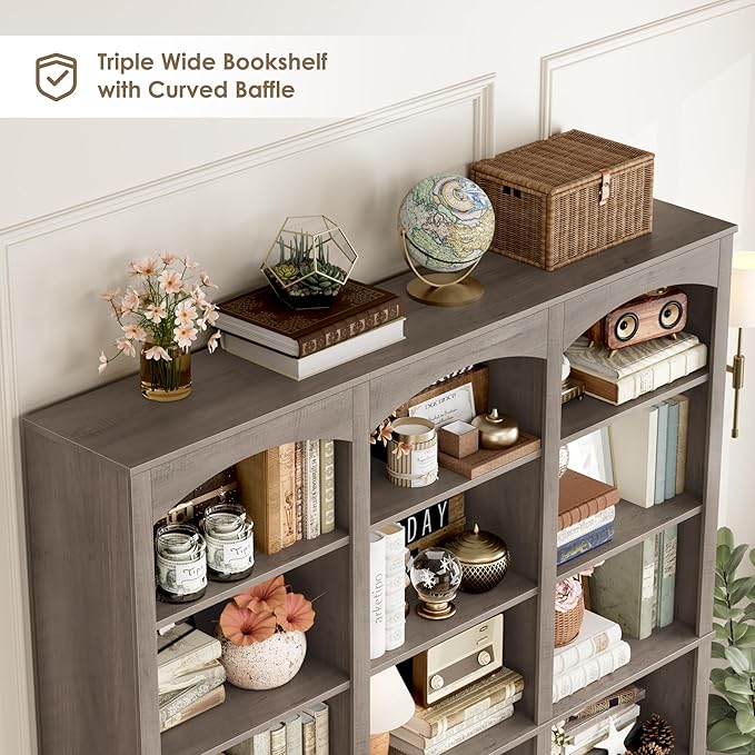 FACBOTALL 71" Triple Wide Bookshelf, 6 Tier Tall Bookshelf, Large Bookcase with Curved Baffle, 63.4" Wide Book Shelf with 18 Open Display Shelves for Living Room, Study, Gray