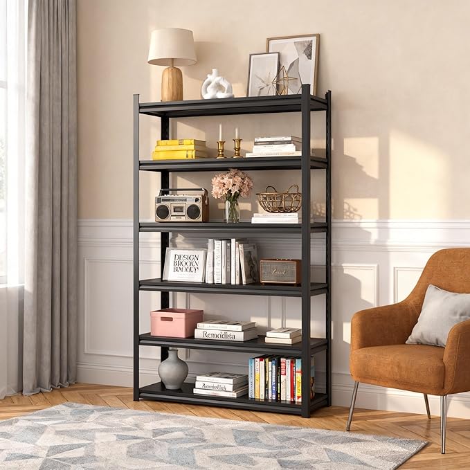 36" W*77" H Book Shelf，6 Tier Metal Wide Bookshelf，Heavy Duty Book Shelfs，Adjustable Shelving Unit，Tall Bookcase，Industrial Bookshelf for Living Room，Bedroom，Office and Library