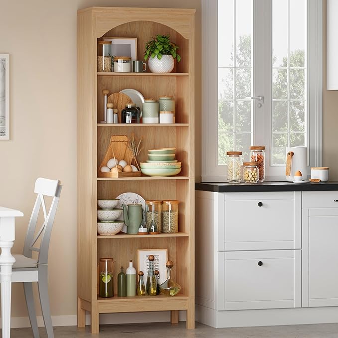 Arched Bookshelf with 5 Tier Open Shelves, 71" Tall Wood Bookcase with Adjustable Shelves, 24" Wide Floor Standing Display Storage Shelf for Home Office, Kitchen, Study and Living Room, Natural Oak
