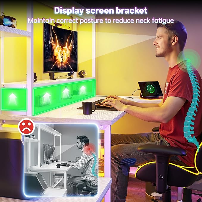 L Shaped Gaming Desk with LED Lights & Outlets,55" Computer Desk with Shelves & Storage Hutch,Reversible Corner Gaming Table with Printer Space & Monitor Stand for Game Room,Home Office,White