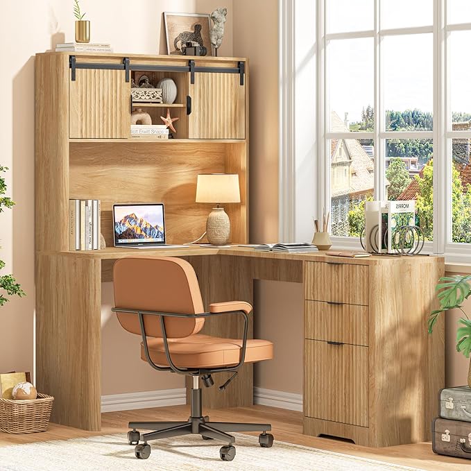 68" L Shaped Fluted Desk with Hutch,Office Table with 3 Drawers and Sliding Doors, Executive Desk with File Drawers and Charging Station,Light Strips, Wood Workstation for Home Office,Oak