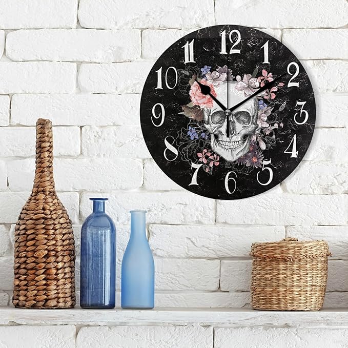 ALAZA Non-Ticking Silent Round Wall Clock, Sugar Skull Floral The Day of Dead Decor Clock for Home School Kitchen Bedroom Living Room