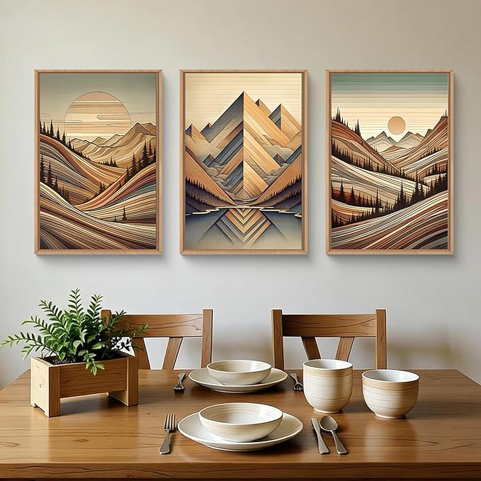 Aryroi Vintage Woodcut Style Mountain Framed Canvas Wall Art Set,Mid Century Nature Woodland Pine Tree Wall Decor,Modern Boho Brown Sunrise Forest Artwork for Living Room,Bedroom,Office-24 x36 x3