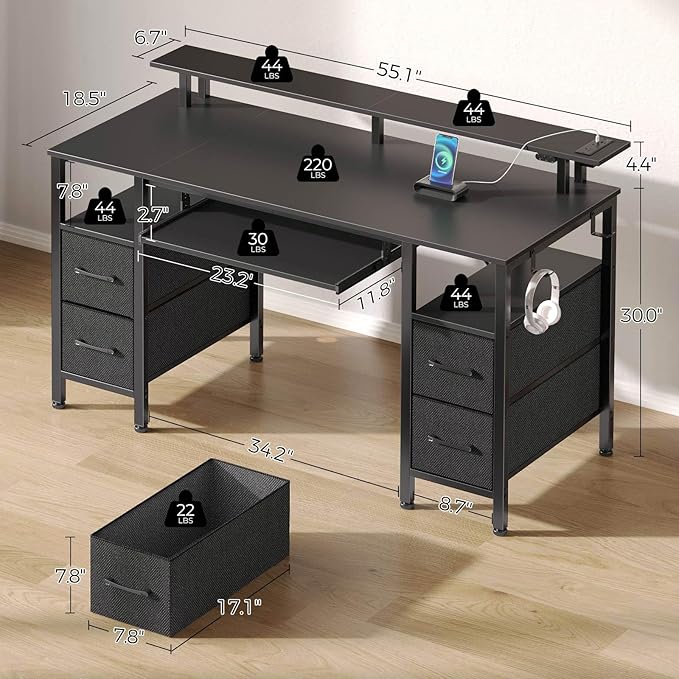Seventable Computer Desk 55.1" with LED Lights & Power Outlets, Home Office Desk with 4 Drawers, Writing Desk with Keyboard Tray, Study De sk with Monitor Stand, Work for Home Office, Black