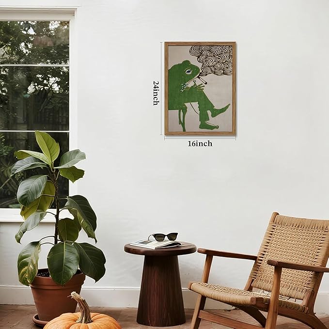 Vintage Frog Wall Art, Funky Eclectic Canvas Wall Decor, Retro Whimsical Japanese Picture Painting, Moody Animal Artwork Print Poster for Living Room Bedroom Office 16x24 Inch Framed