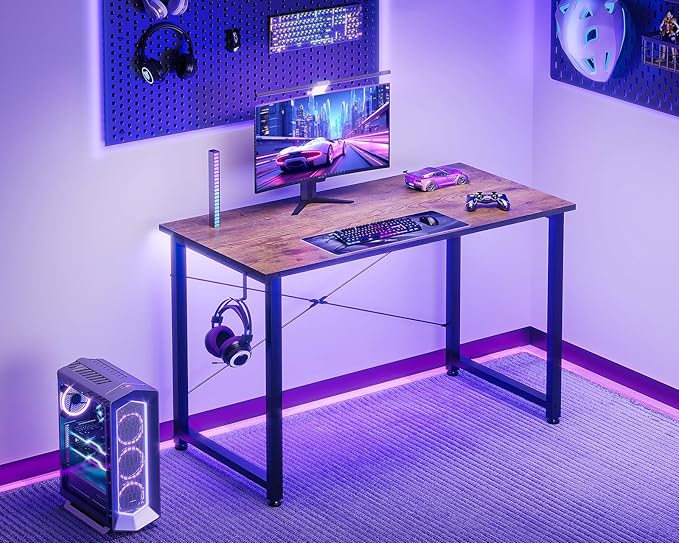 Casaottima 40 Inch Small Computer Desk for Home Office, Study Writing Table for Small Spaces, Simple Modern Desk with Headphone Hooks, Rustic Brown