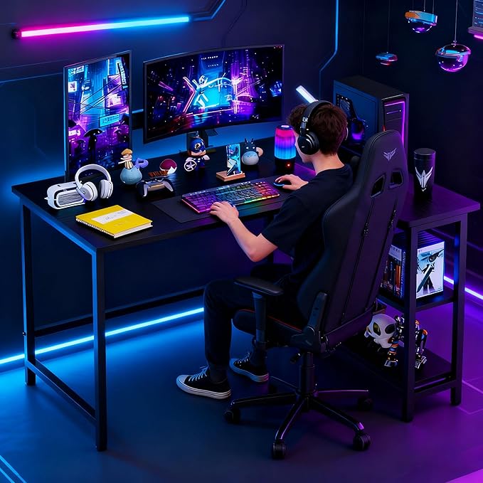 43Inch Corner Computer Desk, Gaming Desk with Reversible Storage Shelves Left/Right,Small L Shaped Desk with 2-Tier Shelves & Adjustable Feet Pad for Home Office Gaming (43 Inch)