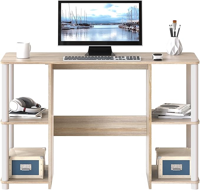 SHW 38-Inch Home Office Wood Desk with Double Sided Shelves, Oak