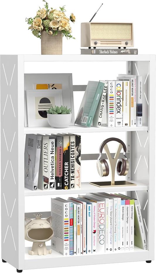 3 Tier Bookshelf, 34"Tall Metal Bookcase with Adjustable Shelves, Modern Display Book Shelf, White Bookcase Shelf, Utility Shelf, Storage Shelves for Office, Living Room, Kitchen, Study-23"W