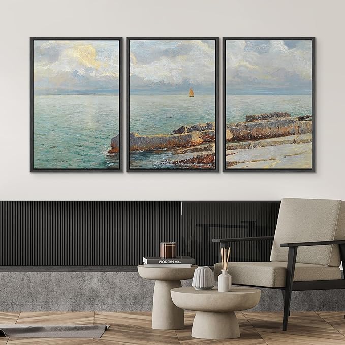 SIGNWIN Framed Canvas Print Wall Art Set Coastal Seascape Classic Ocean View with Sailboat and Rocky Shoreline Illustrations Modern Art Decorative for Living Room, Bedroom, Office - 16"x24"x3 Black