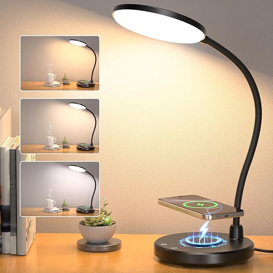 Sailstar Desk Lamp for Home Office, Small Desk Lamp with Wireless Charger, Dimmable 3 Color Modes Study Lamp, Adjustable Neck 800LM Eye-Caring Desk Light, Bedside, College Dorm, Adapter Included