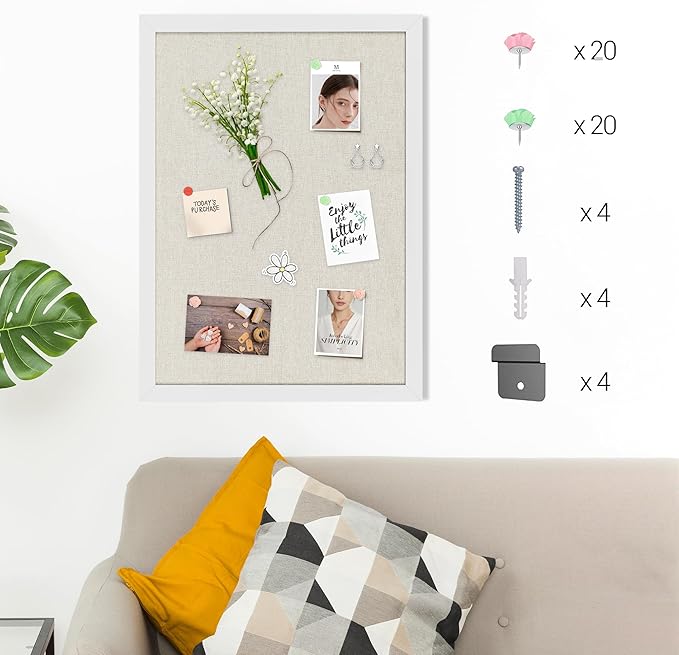 Board2by 2-Pack Farmhouse Linen Cork Bulletin Board, White Frame 30" x 20" Corkboard, Office Board for Wall Decor, Wall Mounted Pin Board Picture Board with 40 Pushpins for School, Home & Office
