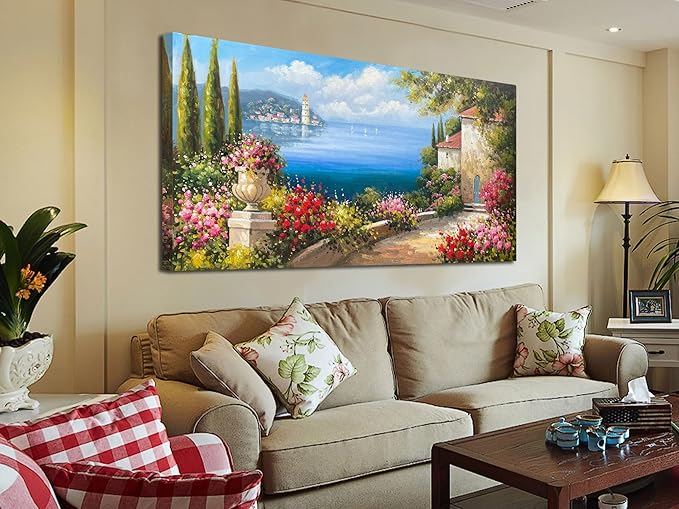 Arjun Landscape Wall Art Canvas for Living Room Mediterranean Seascape Painting Bedroom Flower Blue Ocean Picture Modern Scenery Artwork Framed Home Office Wall Decor, Extra Large 58"x29"