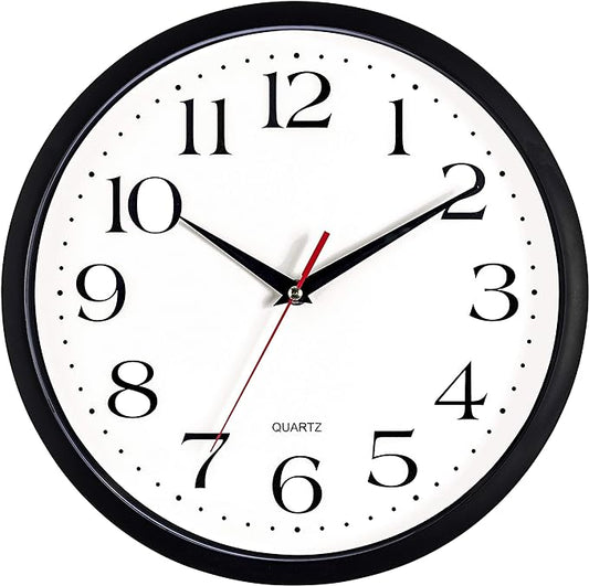 Bernhard Products Black Wall Clock Silent Non Ticking 12 Inch Quality Quartz Battery Operated Round Easy to Read Home/Office/Kitchen/Classroom/School Clocks