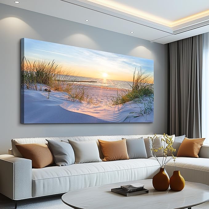 MHARTK66 Wall Decor For Living Room Large Canvas Wall Art For Bedroom Modern Office Pictures Wall Artwork Blue Sun Beach Grass Ocean Landscape Paintings Canvas Art Prints Home Decorations