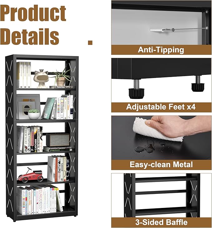 5 Tier Bookshelf, 55"Tall Metal Bookcase with Adjustable Shelves, Modern Display Book Shelf, Black Bookcase Shelf, Utility Shelf, Storage Shelves for Office, Living Room, Kitchen, Study-23"W