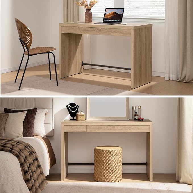 SICOTAS Home Office Executive Desk - 47-Inch Computer Desk with Drawer, Farmhouse Writing Study Desk with Storage,Boho Makeup Vanity Table for Bedroom (Reclaimed Light Oak, 2 Pieces)