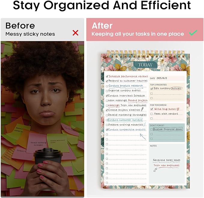 Taja To Do List Notepad - To Do List Notebook for Work with 52 Sheets, 9.8" x 6.5", Undated Daily Planner Perfect for Daily Tasks and Goal Setting, Notepad Suitable for Office, Home & School - Teal Petals