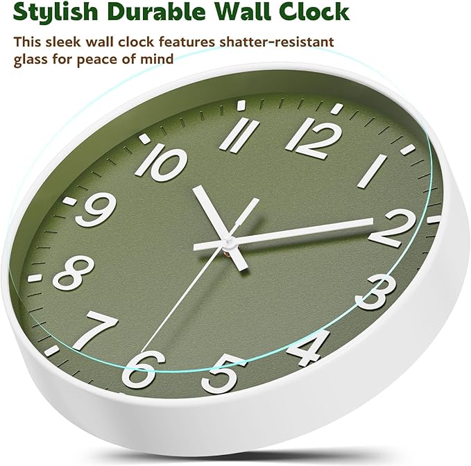 Wall Clock, Battery Operated, Modern Minimalist Design for Living Room, Office, Kitchen, Bedroom, and Bathroom – Quiet, Stylish, and Perfect for Any Room (Olive Green, 14 Inch)