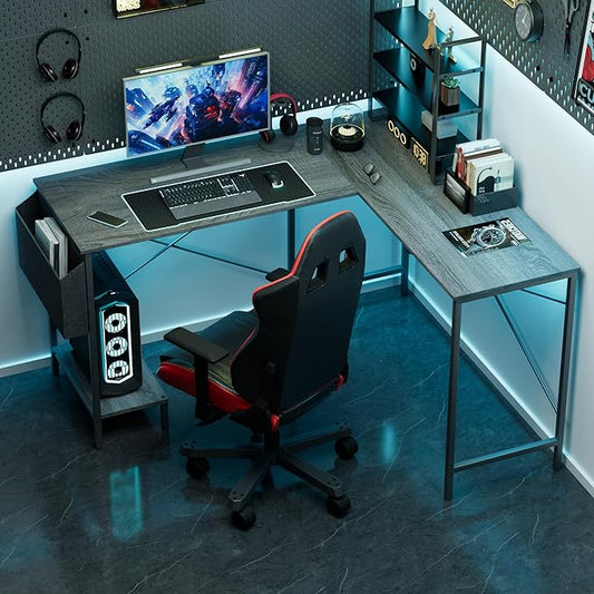 L Shaped Desk - 50" Reversible Home Office Computer Desk, Wood Top, Metal Frame, Side Bag, Sturdy Gaming Desk Corner Table for Work, Writing and Study, Space-Saving