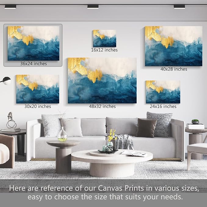 gaosoul Modern Canvas Wall Art Blue Gold Leaf Abstract Painting Prints Minimalism White and Light Blue Tranquility Poster for Living Room Bedroom Office Decor Framed 36x24in